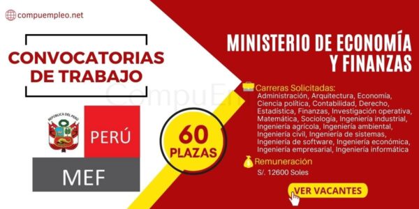 CONVOCATORIA MINISTERIO DE ECONOMÍA (MEF): 60 plazas para Analistas, Especialistas de presupuesto, Procesos, Planificación, Otros